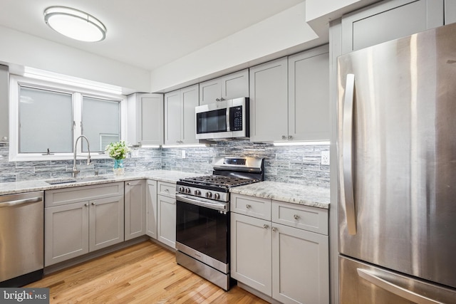 kitchen with stainless steel appliances, a sink, backsplash, and gray cabinetry