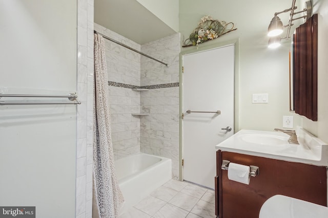 bathroom featuring toilet, shower / bathtub combination with curtain, and vanity