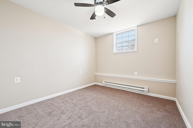 empty room featuring ceiling fan, baseboard heating, carpet, and baseboards