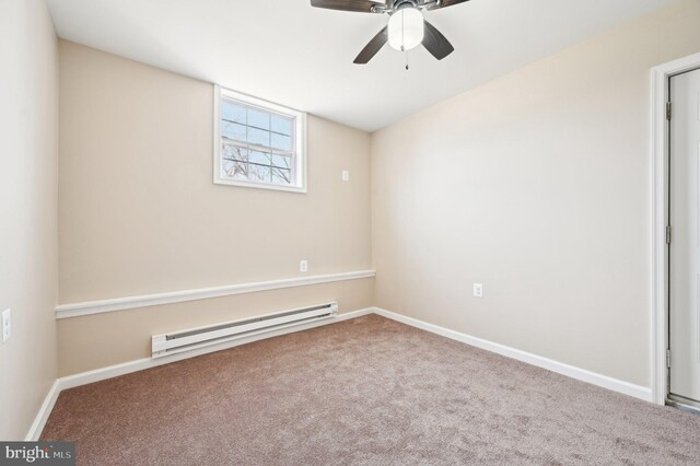 carpeted spare room featuring a baseboard radiator, baseboards, and ceiling fan