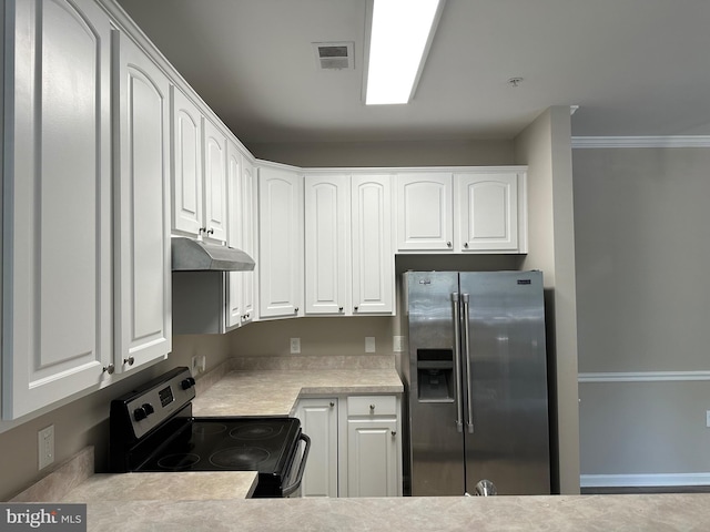 kitchen featuring under cabinet range hood, visible vents, white cabinetry, light countertops, and appliances with stainless steel finishes