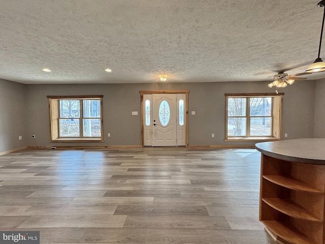 foyer featuring a healthy amount of sunlight, a textured ceiling, and light wood-type flooring