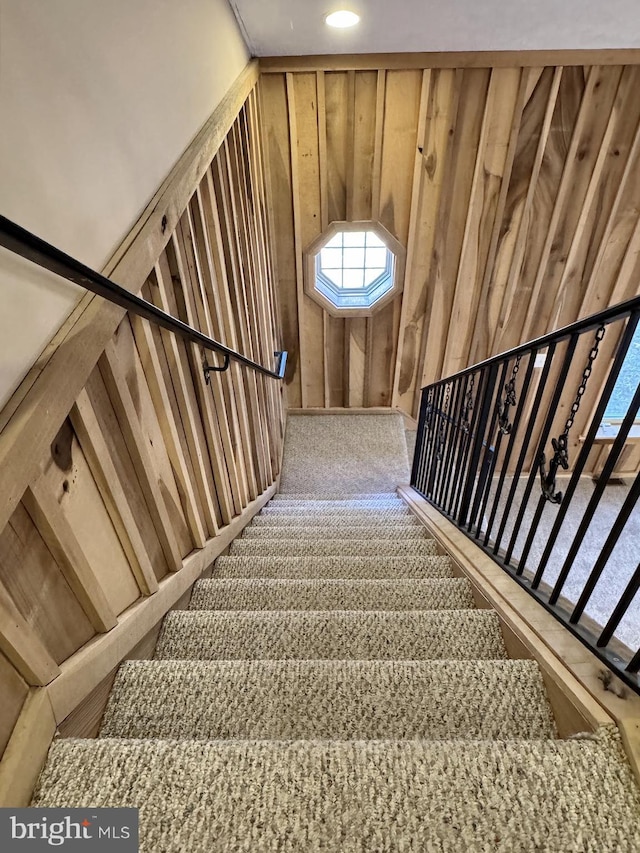 stairs featuring carpet flooring and wooden walls