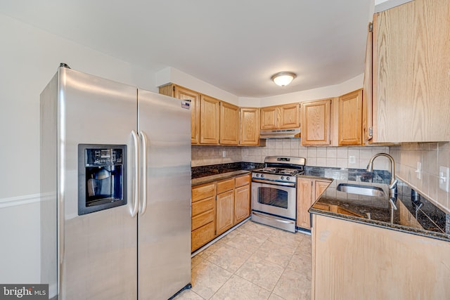 kitchen featuring tasteful backsplash, appliances with stainless steel finishes, a sink, dark stone countertops, and under cabinet range hood