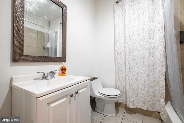 full bathroom with vanity, tile patterned flooring, shower / bath combo, and toilet