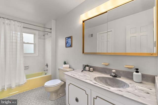 full bathroom with vanity, shower / tub combo, tile patterned floors, and toilet