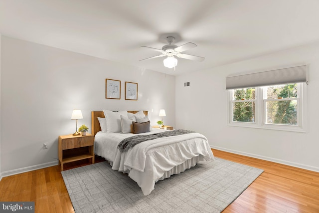 bedroom featuring ceiling fan and light hardwood / wood-style flooring