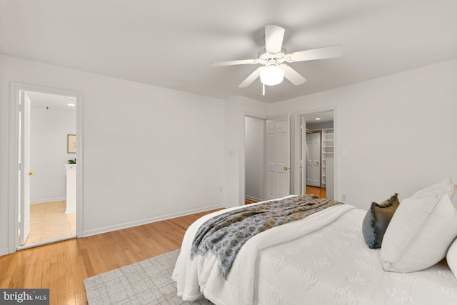 bedroom featuring hardwood / wood-style flooring, a walk in closet, connected bathroom, and ceiling fan