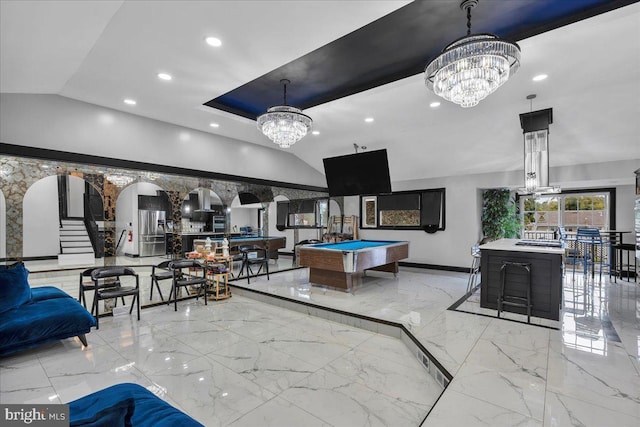 game room with vaulted ceiling, billiards, and a chandelier