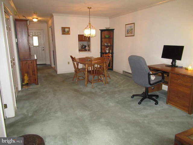 interior space with crown molding and carpet flooring