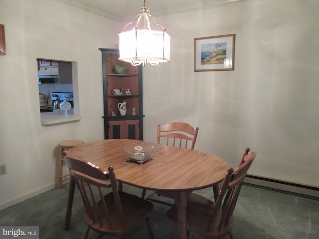 carpeted dining room with crown molding and a baseboard radiator