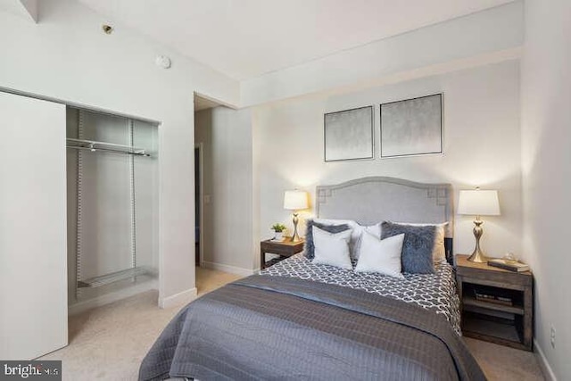 bedroom featuring light colored carpet and a closet