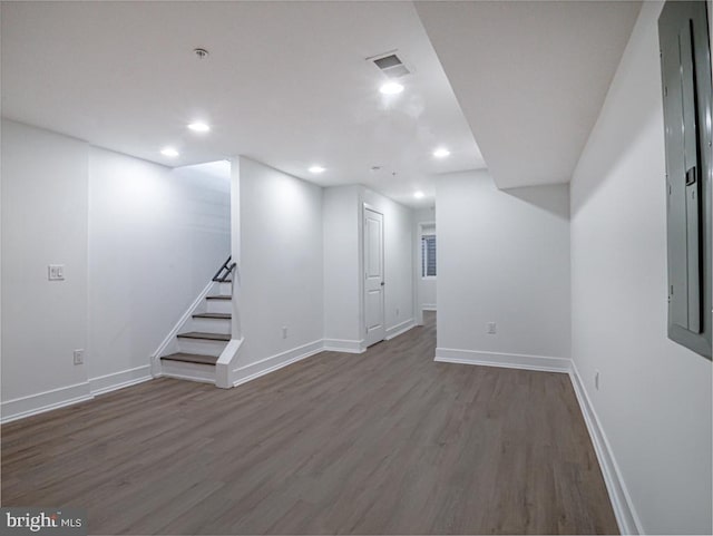 basement with wood-type flooring