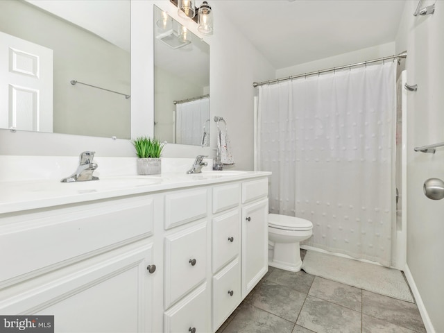 full bathroom featuring vanity, tile patterned flooring, shower / bath combination with curtain, and toilet