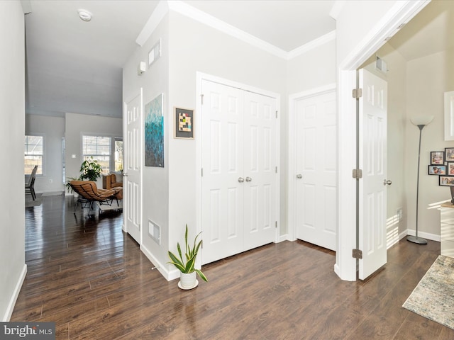 hall featuring crown molding and dark hardwood / wood-style floors