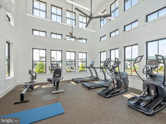 gym featuring ceiling fan and a healthy amount of sunlight