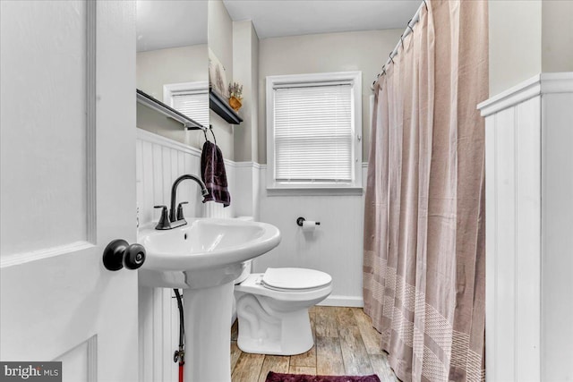 bathroom featuring a wainscoted wall, wood finished floors, toilet, and a shower with curtain