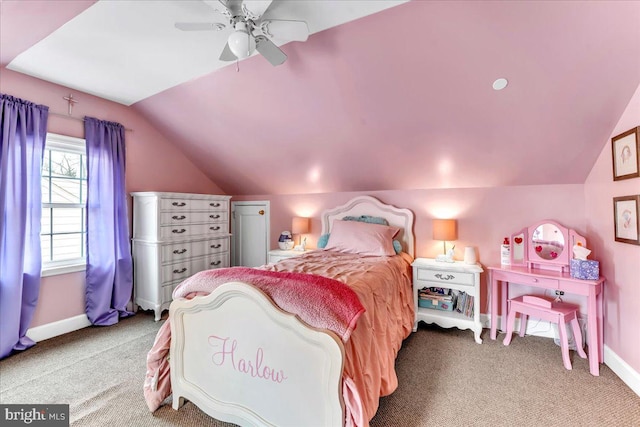 bedroom with lofted ceiling, carpet flooring, ceiling fan, and baseboards