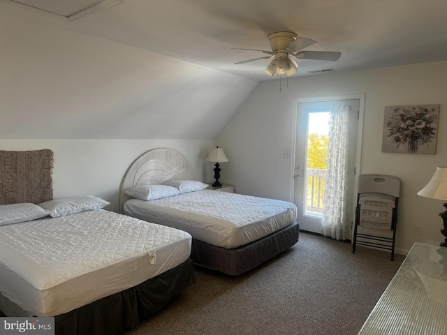 bedroom featuring access to exterior, dark colored carpet, visible vents, a ceiling fan, and vaulted ceiling