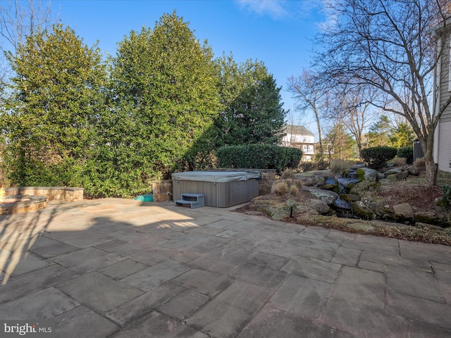 view of patio / terrace with a hot tub