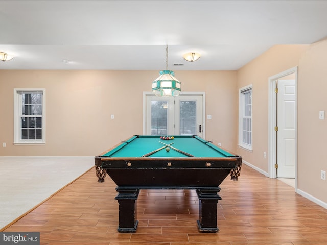 game room with billiards, wood finished floors, baseboards, and visible vents