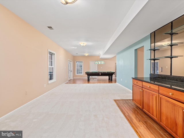 game room featuring pool table, light wood-style flooring, baseboards, and visible vents