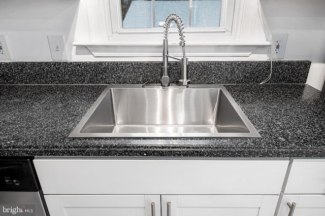 interior details with white cabinetry and sink