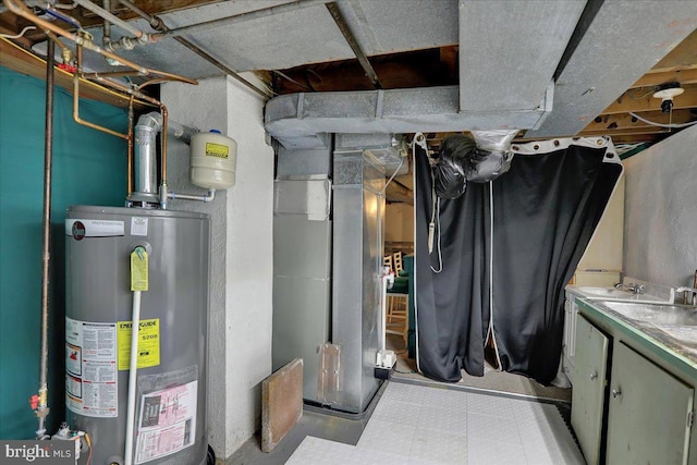 utility room with water heater and sink