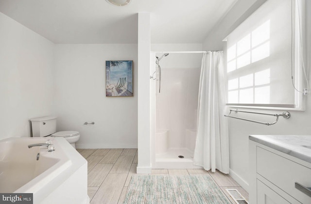 bathroom featuring toilet, vanity, and a shower with curtain