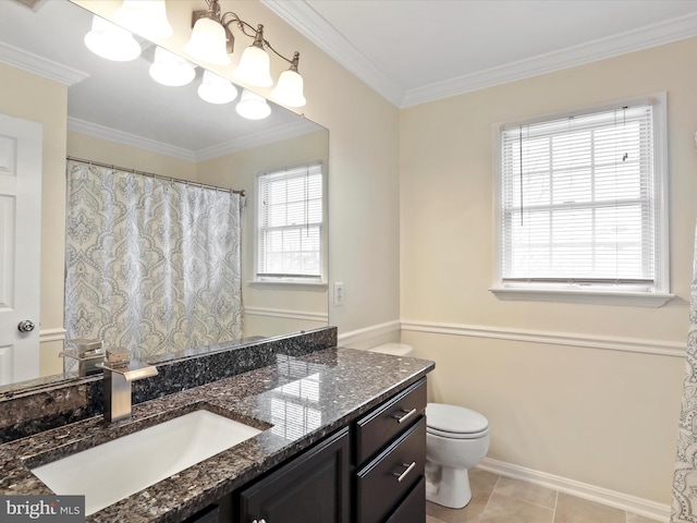 bathroom featuring toilet, vanity, tile patterned flooring, and crown molding