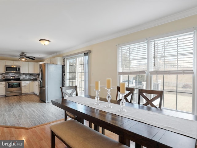 dining area featuring light hardwood / wood-style flooring, ceiling fan, and ornamental molding