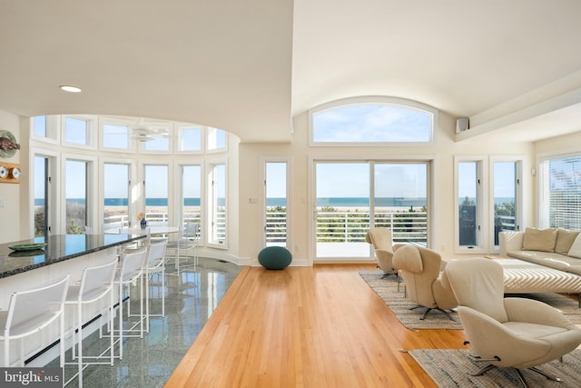 interior space featuring a high ceiling, a water view, and light hardwood / wood-style flooring