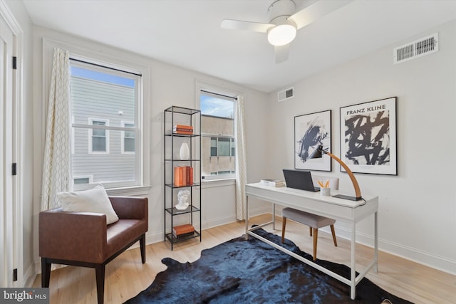 office space with ceiling fan and hardwood / wood-style floors