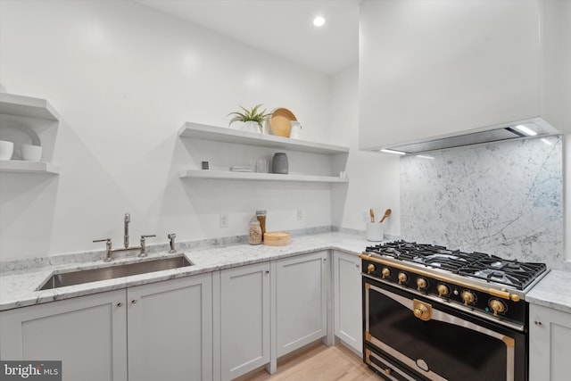 kitchen featuring light stone counters, sink, gas stove, and backsplash