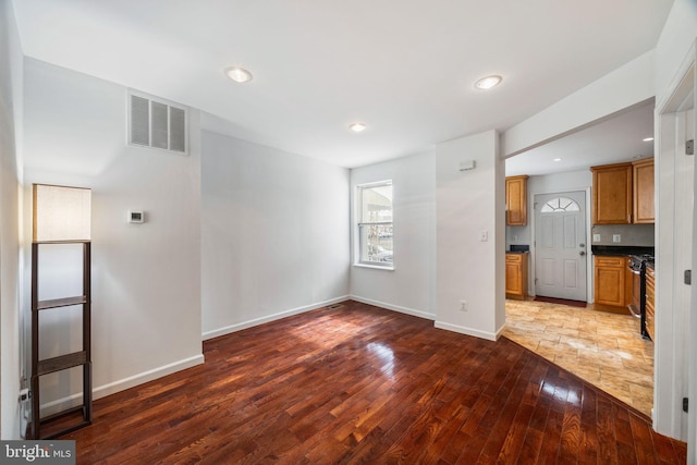 unfurnished living room with dark hardwood / wood-style floors