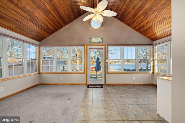 unfurnished sunroom with vaulted ceiling, a water view, and wood ceiling