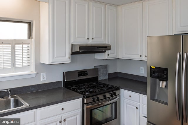 kitchen featuring a sink, dark countertops, under cabinet range hood, and stainless steel appliances