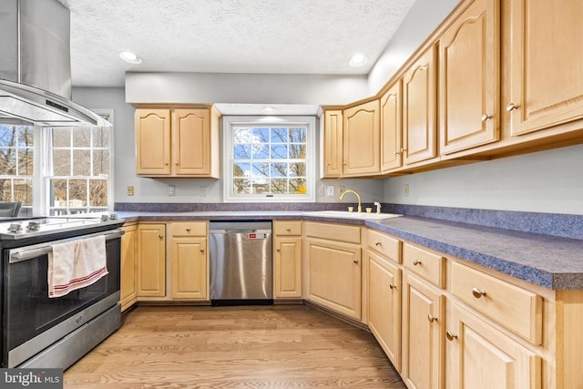 kitchen with appliances with stainless steel finishes, light brown cabinetry, sink, island exhaust hood, and light hardwood / wood-style floors