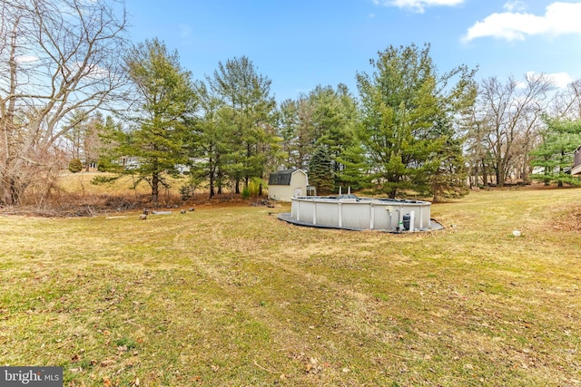 view of yard featuring a shed, an outdoor structure, and an empty pool