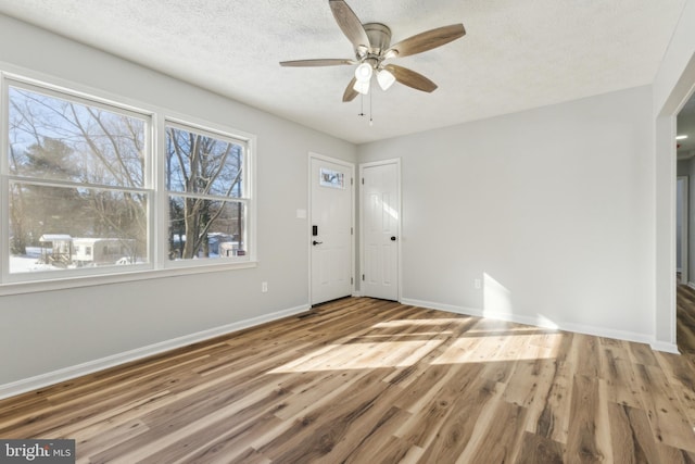 interior space featuring wood-type flooring, ceiling fan, and a textured ceiling