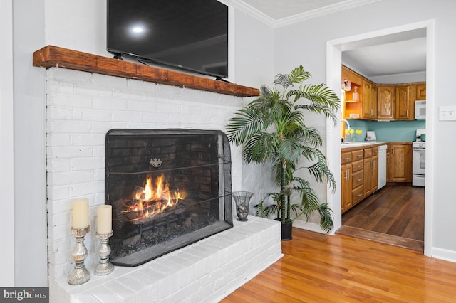 interior details with hardwood / wood-style floors, sink, crown molding, a brick fireplace, and white appliances