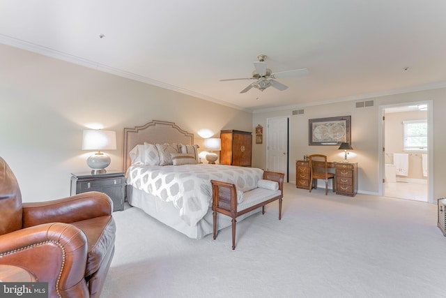 bedroom with ornamental molding, light colored carpet, and visible vents
