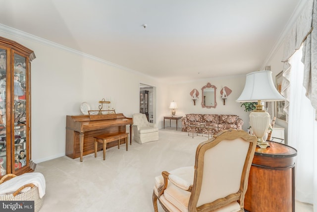 living area with carpet flooring and crown molding
