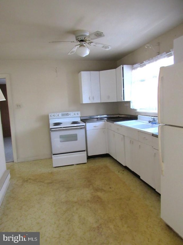 kitchen featuring white cabinetry, sink, white appliances, and ceiling fan