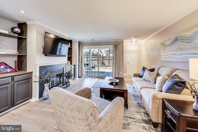 living room featuring crown molding, a fireplace, and light hardwood / wood-style floors