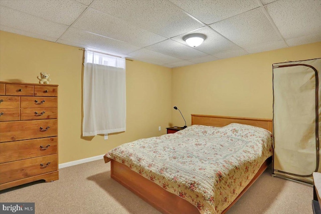 bedroom featuring a paneled ceiling and light colored carpet