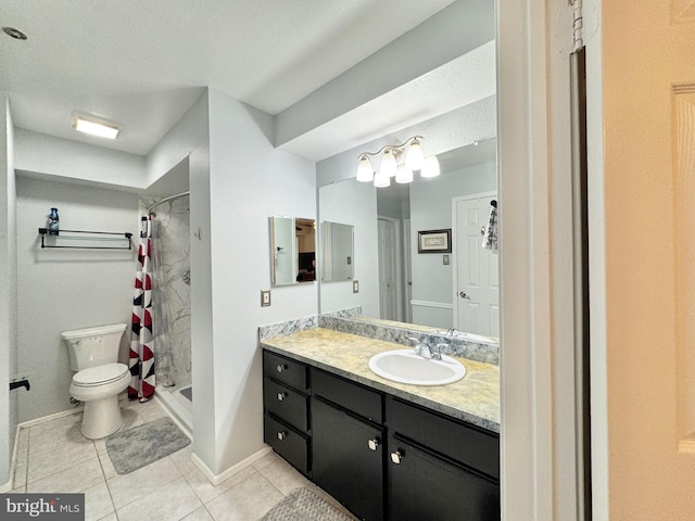 bathroom featuring walk in shower, tile patterned floors, toilet, a textured ceiling, and vanity