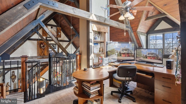 office with vaulted ceiling with beams, wooden ceiling, and built in study area