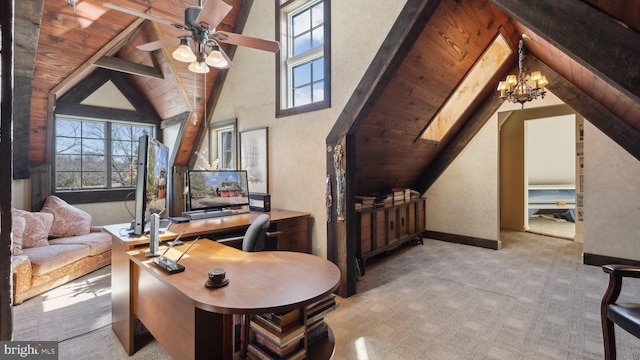 home office with light carpet, wood ceiling, a wealth of natural light, and vaulted ceiling with beams