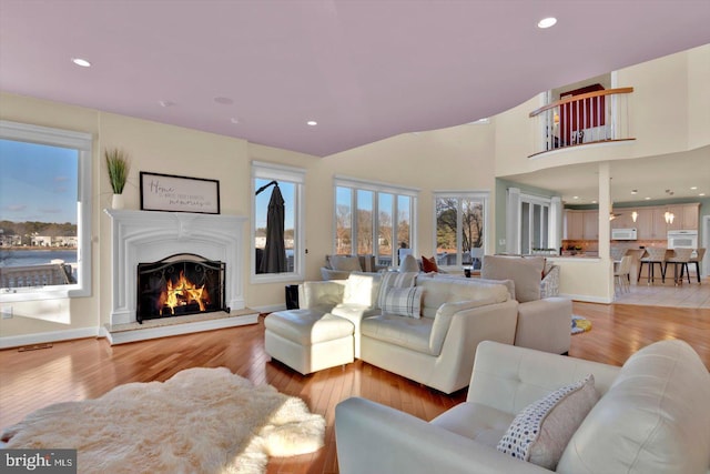 living room featuring vaulted ceiling and light wood-type flooring